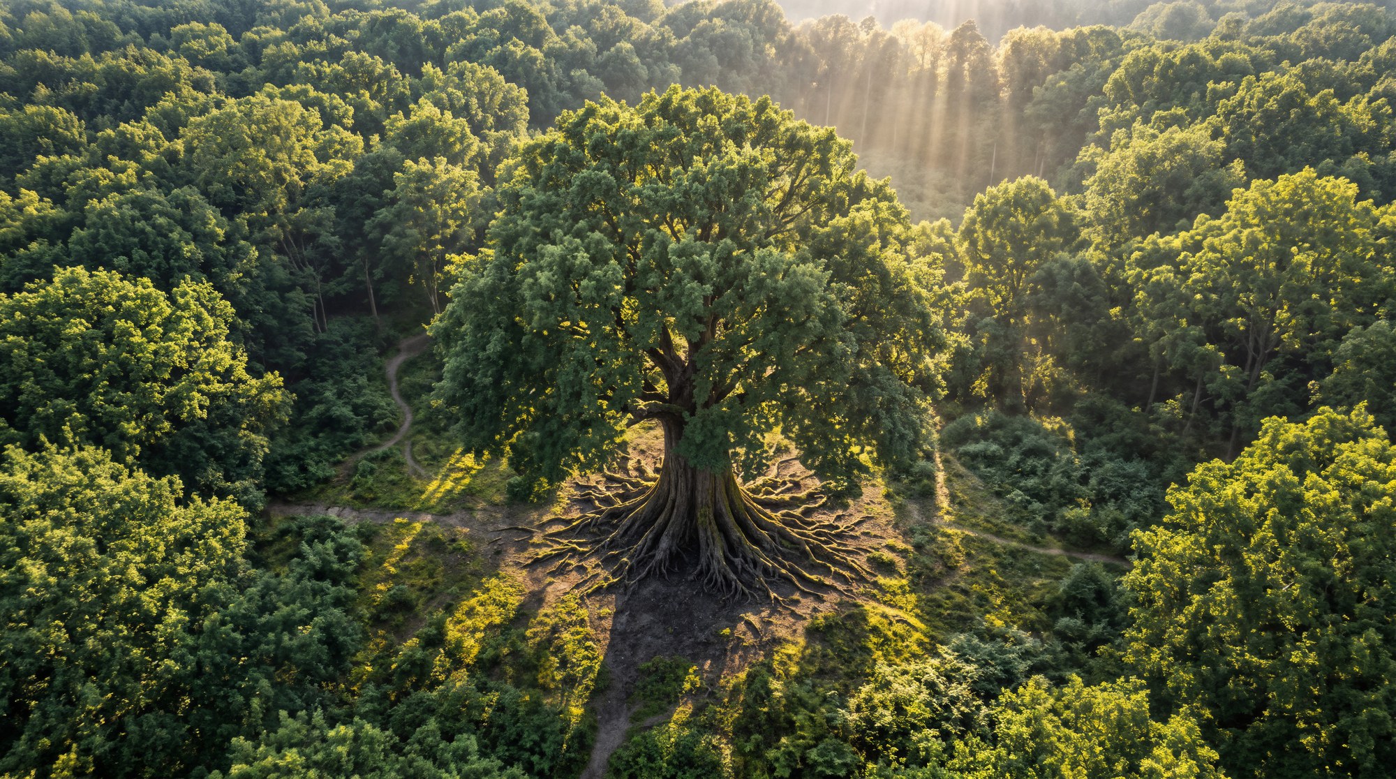 Copa madura de uma árvore centenária vista de cima, entre a floresta