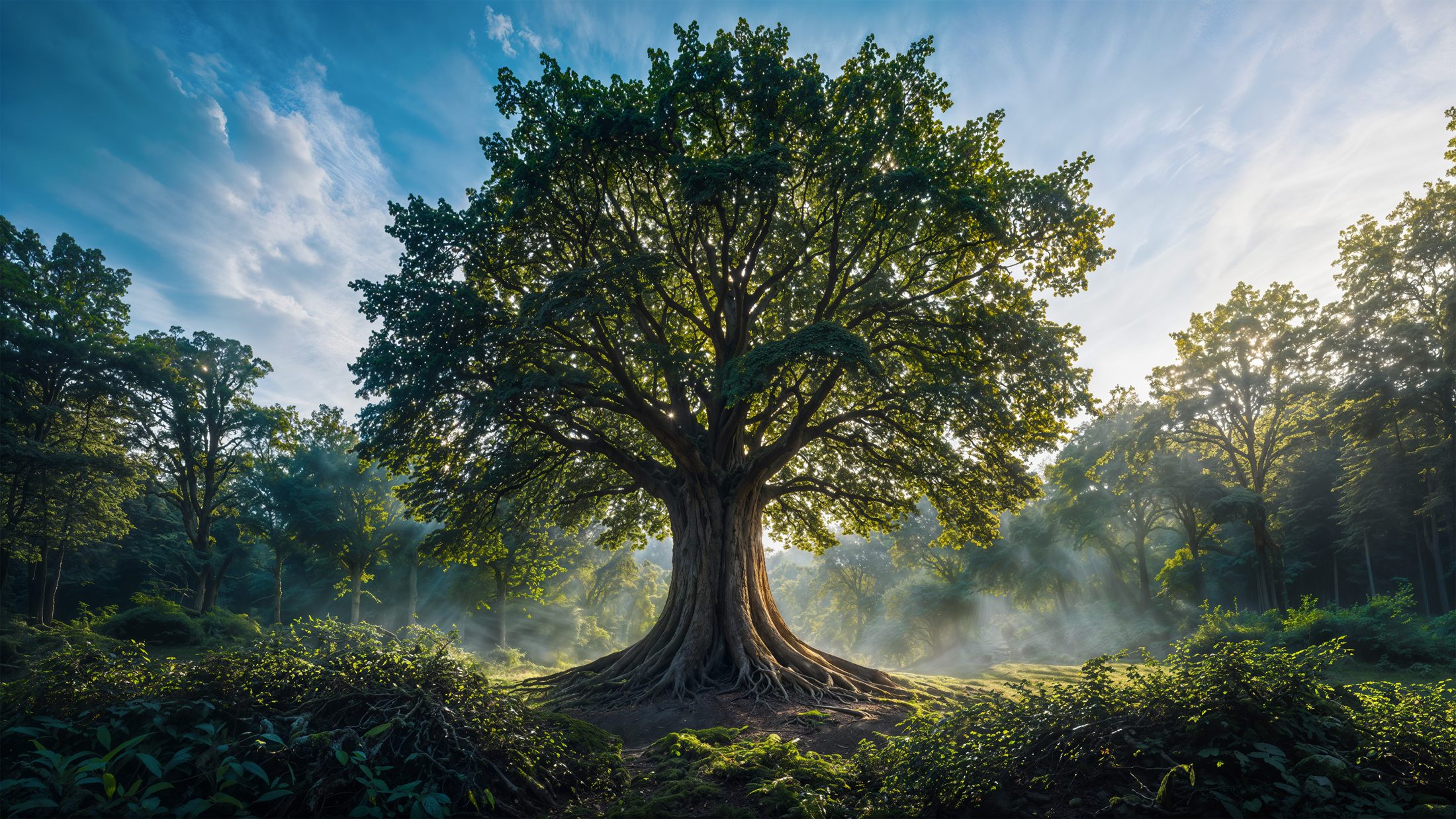 Árvore centenária com raízes aparentes e luz atravessando a vegetação
