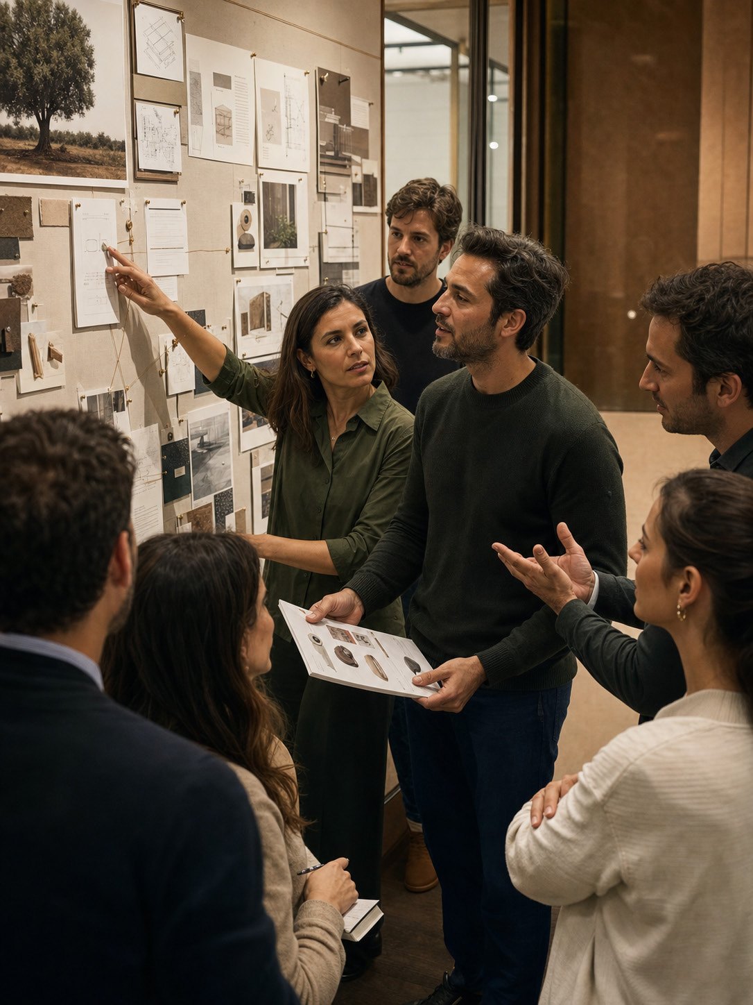 Equipe diante de um painel de trabalho em ambiente de inovação