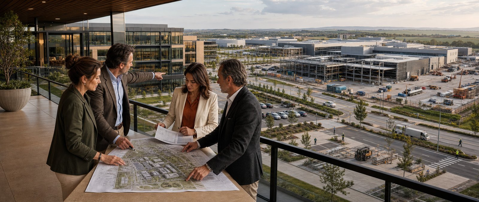 Sócios analisando projetos de expansão diante do complexo empresarial