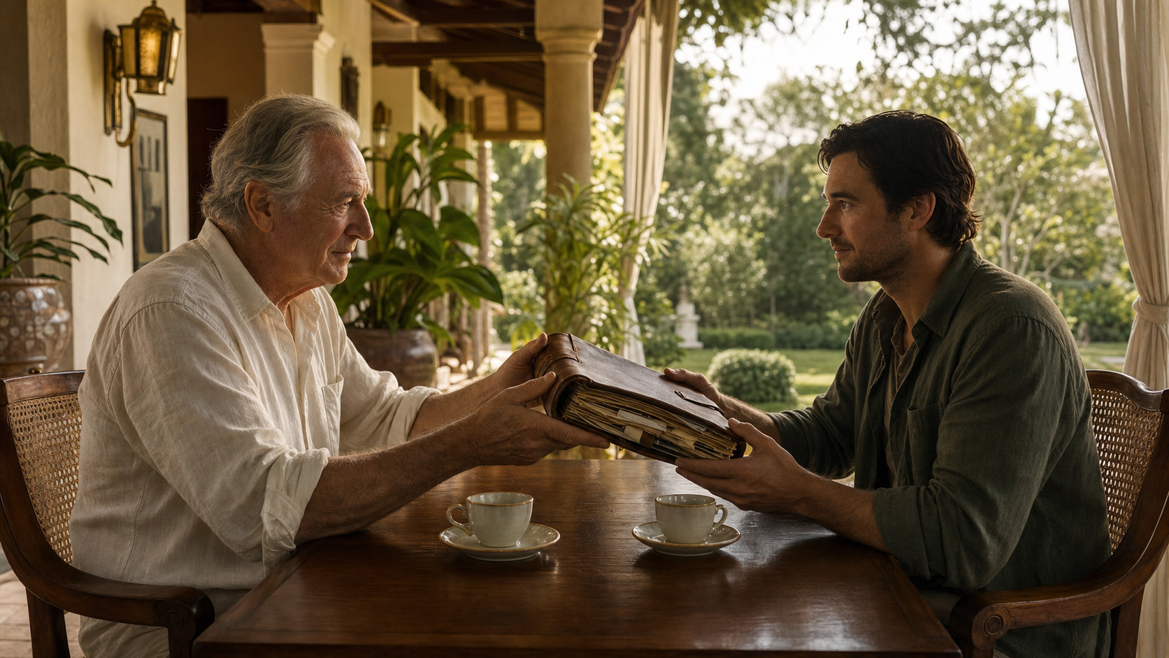Duas gerações compartilhando um livro em uma conversa ao redor de uma mesa