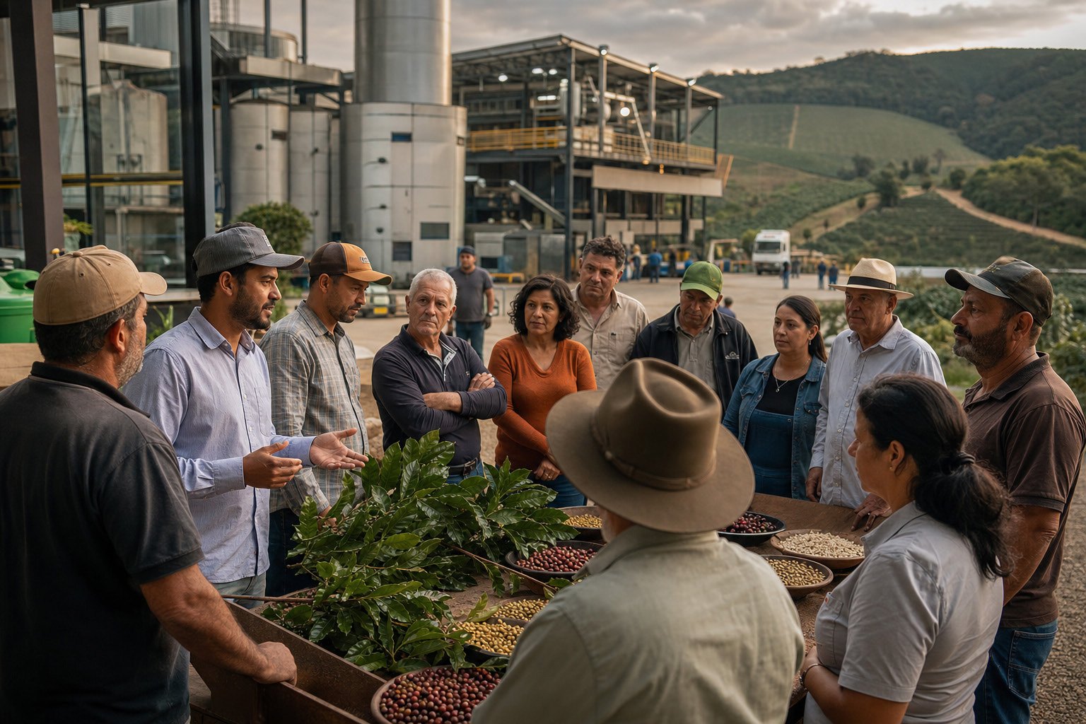 Cooperados de um negócio agroindustrial reunidos diante da unidade produtiva