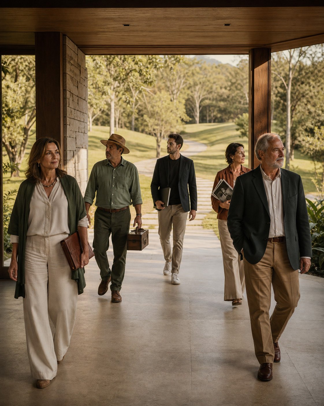 Grupo de lideranças caminhando pelo pavilhão de um instituto