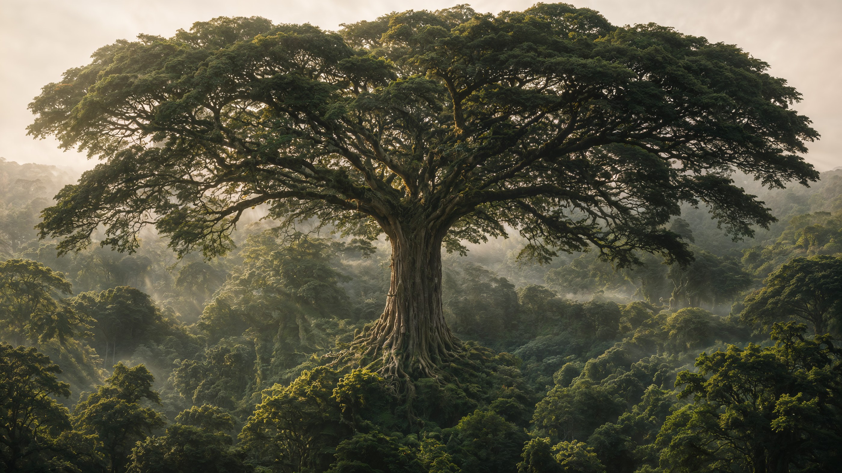 Árvore centenária de copa ampla erguida sobre uma floresta madura com neblina leve ao amanhecer