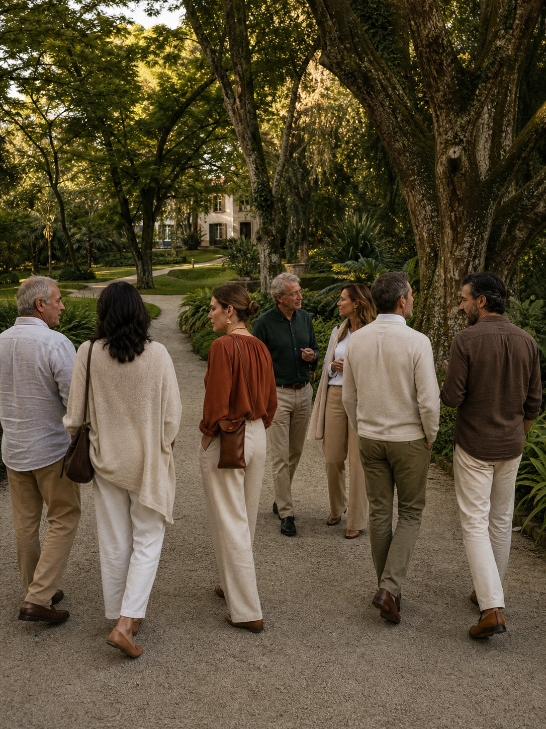 Grupo caminhando e conversando sob uma alameda de árvores, em escuta e orientação mútuas