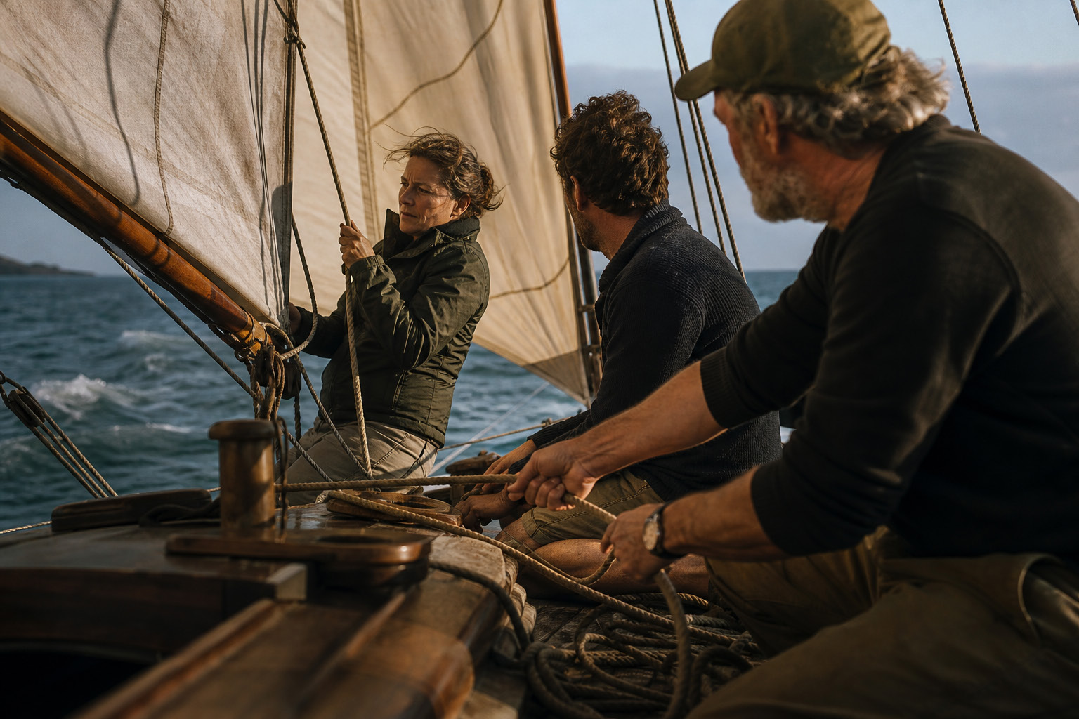 Três pessoas navegando juntas em um barco à vela em mar aberto