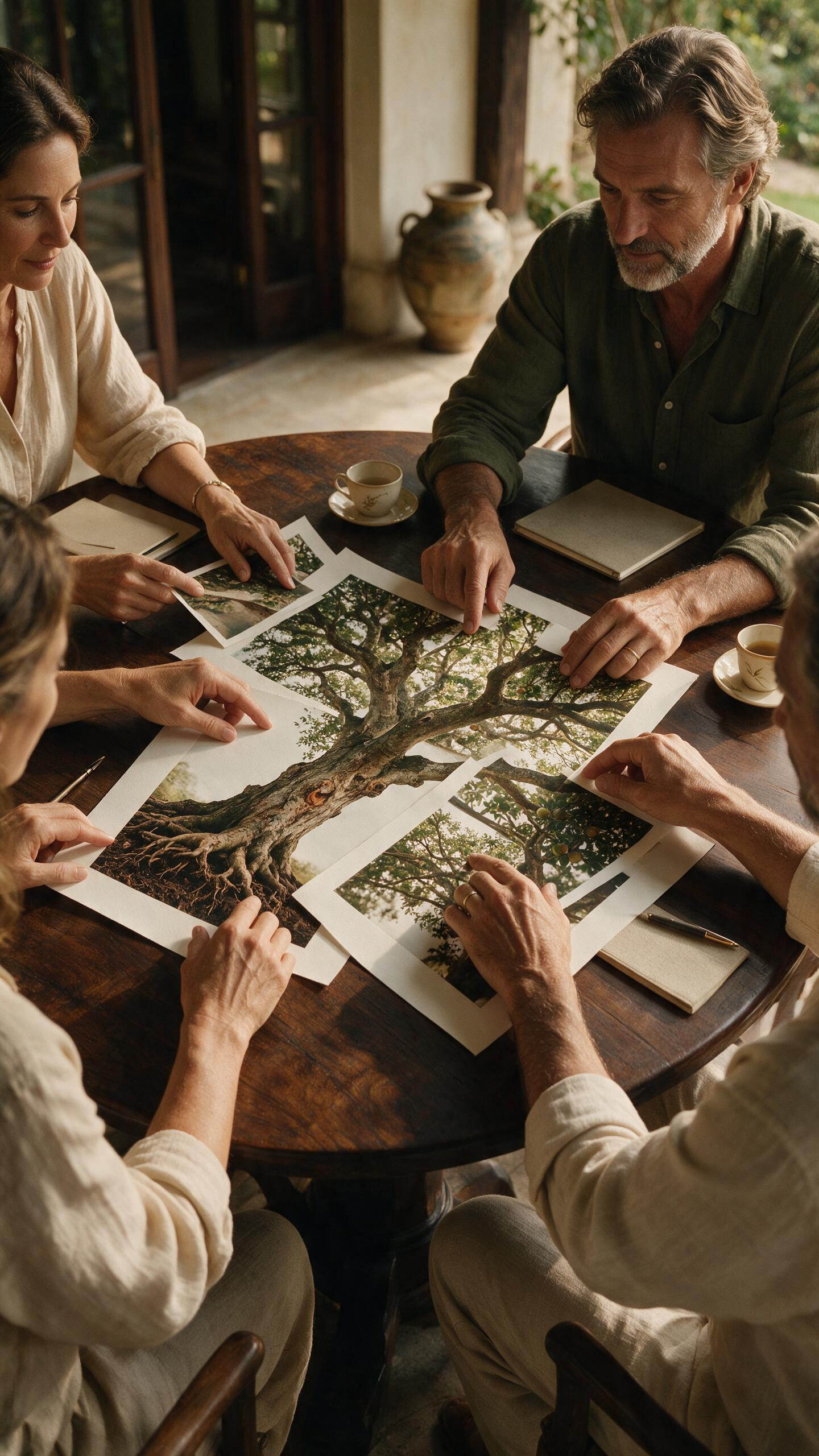 Pessoas reunidas ao redor de uma mesa observando juntas fotografias de uma mesma árvore