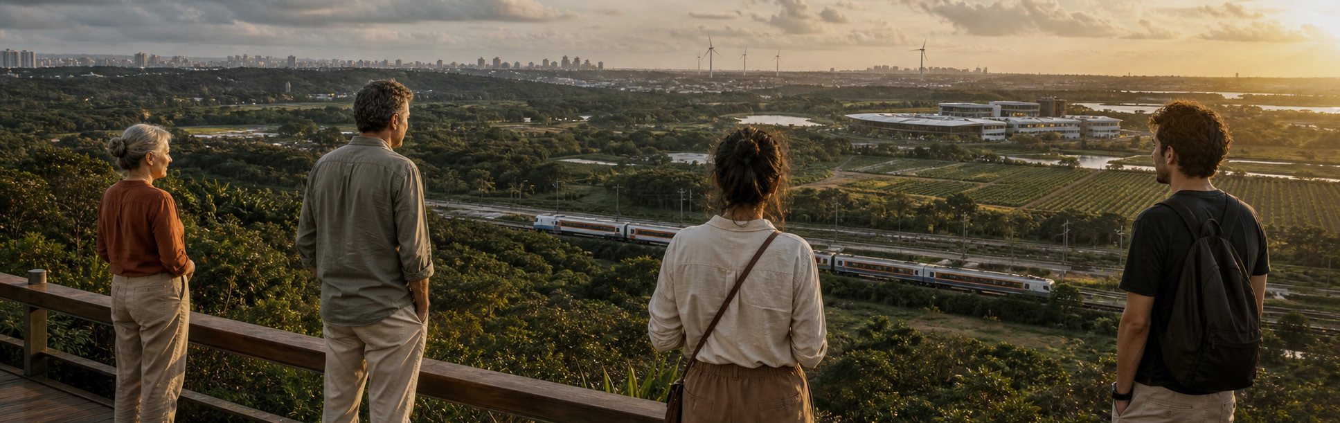 Pessoas contemplando um horizonte amplo ao entardecer enquanto um trem atravessa a paisagem