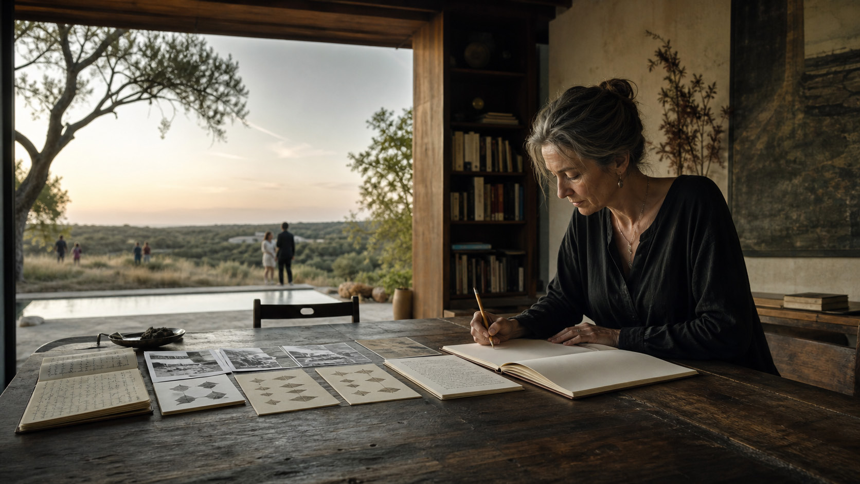 Mulher escrevendo e pesquisando à mesa diante de uma paisagem ampla